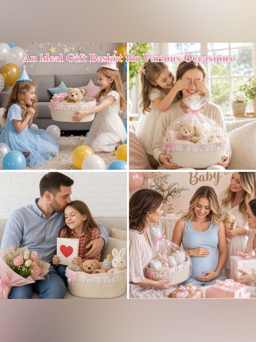 Decorative Pink Ribbon Cotton Rope Gift Basket with Bag & Ribbon - Picture 6 of 14